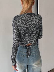 DAZY Women's Autumn Leopard Print Round Neck Fitted Long Sleeve Fashionable T-Shirt,Fall Women Clothes - Brown - View 2