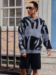 Men's Pattern Print Crew Neck Long Sleeve Sweater And Knit Shorts Casual Loose Suit, Fall/Winter