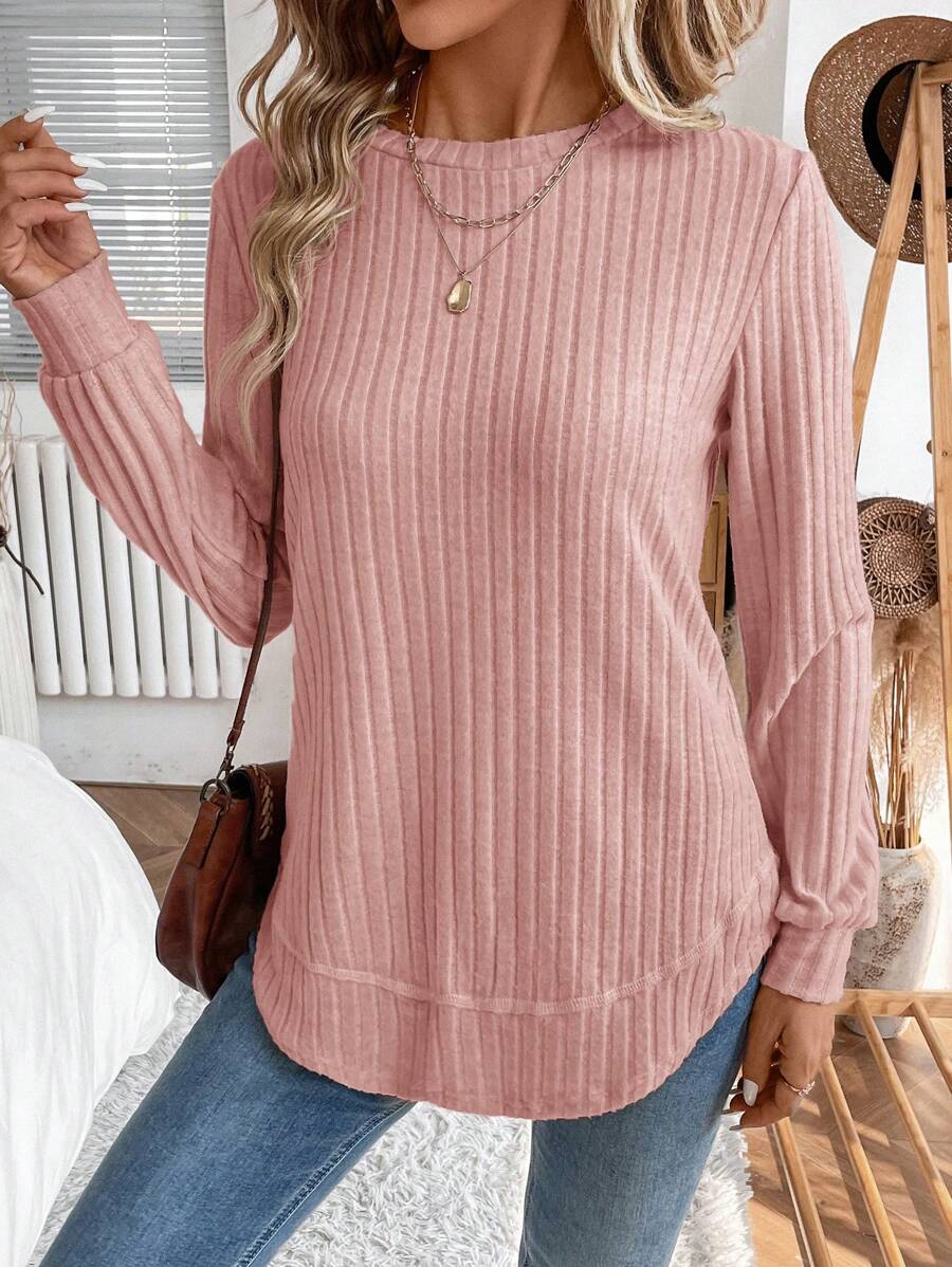 EMERY ROSE Áo nỉ dài tay đơn giản có gân dành cho nữ - Hồng - Xem 1