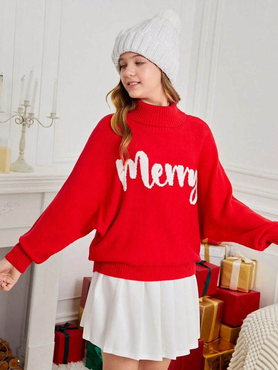 SHEIN Teen Girl Christmas Slogan High Neck Loose Casual Warm Versatile Red Pullover Sweater Autumn Winter Clothes For Girl - Red - View 1