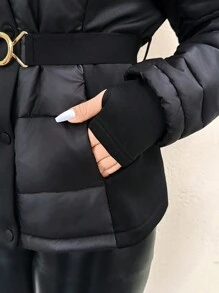 SHEIN Frenchy Abrigo acolchado de talla grande negro para invierno, casual y sencillo, con cuello y cinturón desmontables, con bolsillos, cálido y a prueba de viento, forrado térmico