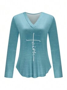 EMERY ROSE Women's Letter Print V-Neck Long Sleeve Casual T-Shirt, Autumn
