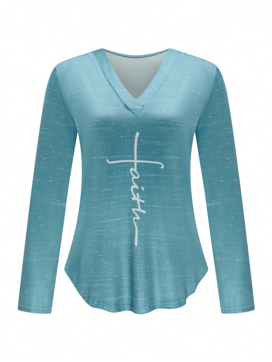 EMERY ROSE Women's Letter Print V-Neck Long Sleeve Casual T-Shirt, Autumn