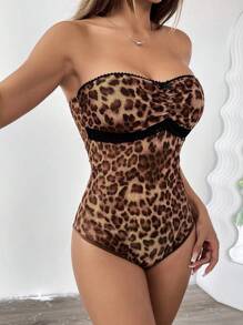 INAWLY Women's Leopard Print Mesh Lace Trim Bodysuit - Coffee Brown - View 3