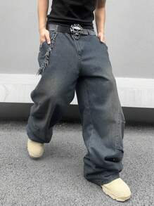 GALLERY FADE Men's Casual Washed Loose Fit Wide Leg Jeans - Medium Wash - View 4