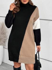 SHEIN LUNE Plus Size Women's Elegant High Neck Color Block Loose Black Pullover Sweater Dress Autumn Warm Casual Holiday Outfits