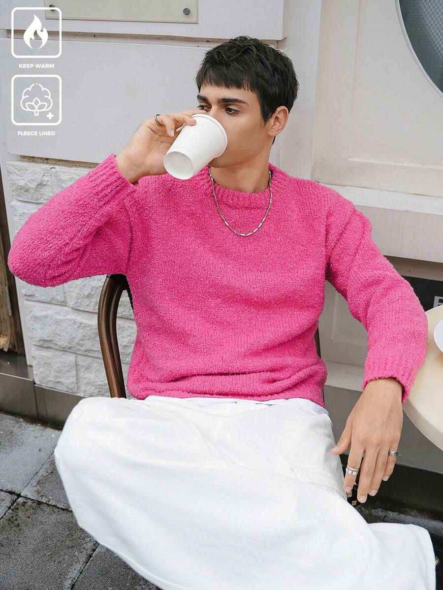 Manfinity Hypemode Áo len trễ vai trơn màu thường ngày cho nam, Thu/Đông - Hồng - Xem 1