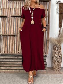 Breezaya 大码女式纯色不对称领口短袖侧开衩下摆休闲连衣裙酒红色女装 - 酒紅色 - 查看 3