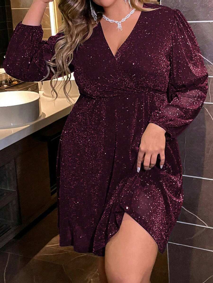 SHEIN Clasi Elegantes plissiertes Kleid mit Glitzereffekt und Laternenärmeln in Großen Größen, Herbst-Burgunderrot Damenoutfit - Bordeaux - Übersicht 1