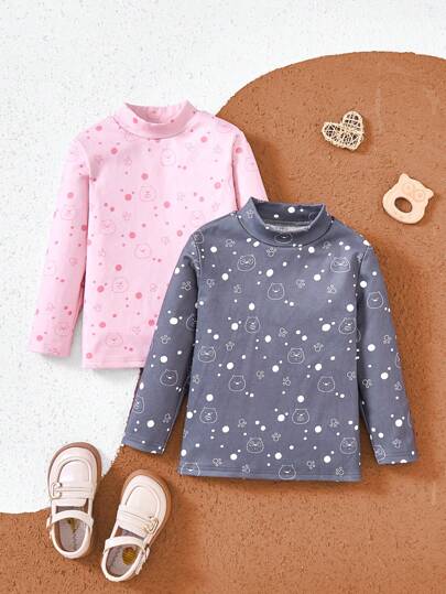 We Bare Bears X SHEIN Jeune fille 2 pièces T-shirt à col montant manches longues imprimé ours de bande dessinée rose et gris