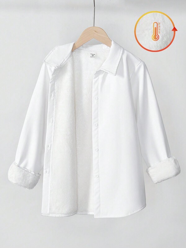 Tween Girl Casual All-Match White Long Sleeve Thermal Lined Shirt, Suitable For Autumn & Winter