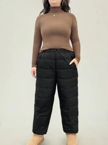 Flirla Pantalones casuales gruesos de unicolor con bolsillo, versátiles y a prueba de viento para el invierno, talla grande