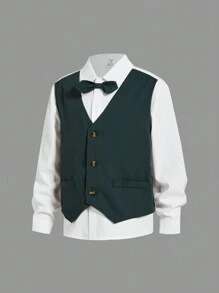 2pcs Tween Boys Casual School Style Contrast Color Collar Cardigan Vest 2 In 1 Shirt With Necktie And Straight Leg Pants Suit, Suitable For School, Garden, Beach, Birthday, Spring/Summer/Autumn/Winter Seasons - Multicolor - View 6