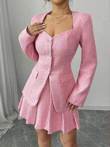Chiquease Women V-Neck Pink Fitted Blazer + Pleated Skirt Suit Set, Autumn - Pink - View 3