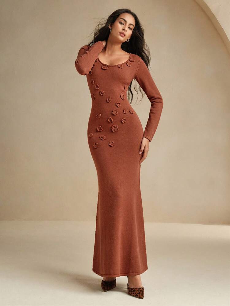 Women's Elegant Crocheted Floral Dress With Fishtail Hem, For Christmas, Autumn