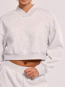 MUSERA Cropped V Neck Collared Sweatshirt - Light Grey - View 5
