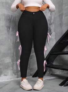 Plus Size Women High Stretch Denim Pants With Side Bow Ribbon Design - Black - View 4