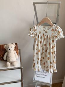 SHEIN Baby Girl Cute Slouchy Vibe Cartoon Bear Graphic Bubble Neck Ruffle Hem Knit Nightgown - Yellow - View 5