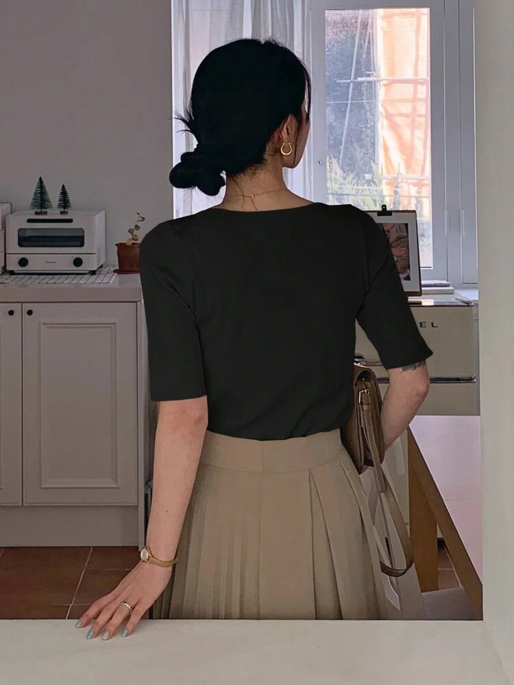 Women Solid Color Fitted Elegant Knit Sweater Top