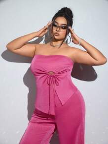 SHEIN ICON Bộ 2 món cho nữ cỡ lớn, áo và quần ống đứng viền bất đối xứng, màu trơn thanh lịch - Hồng - Xem 4