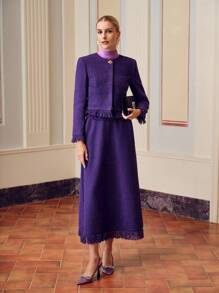 ZEYLAH 斜口袋流苏下摆粗花呢纯色短裙