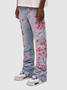 ROMWE MEN Street Life Jeans skinny pitillo con estampado floral y desgastados para hombres - Lavado ligero - Ver 1