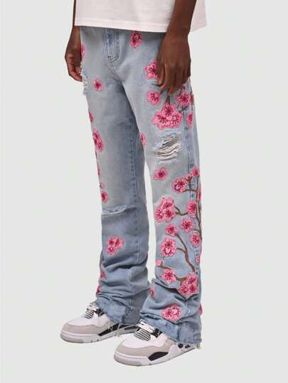 Street Life Jeans aderenti da uomo con stampa floreale strappati