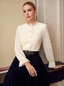 ZEYLAH LACE MOCK NECK FLARE SLEEVE BLOUSE - Apricot - View 1