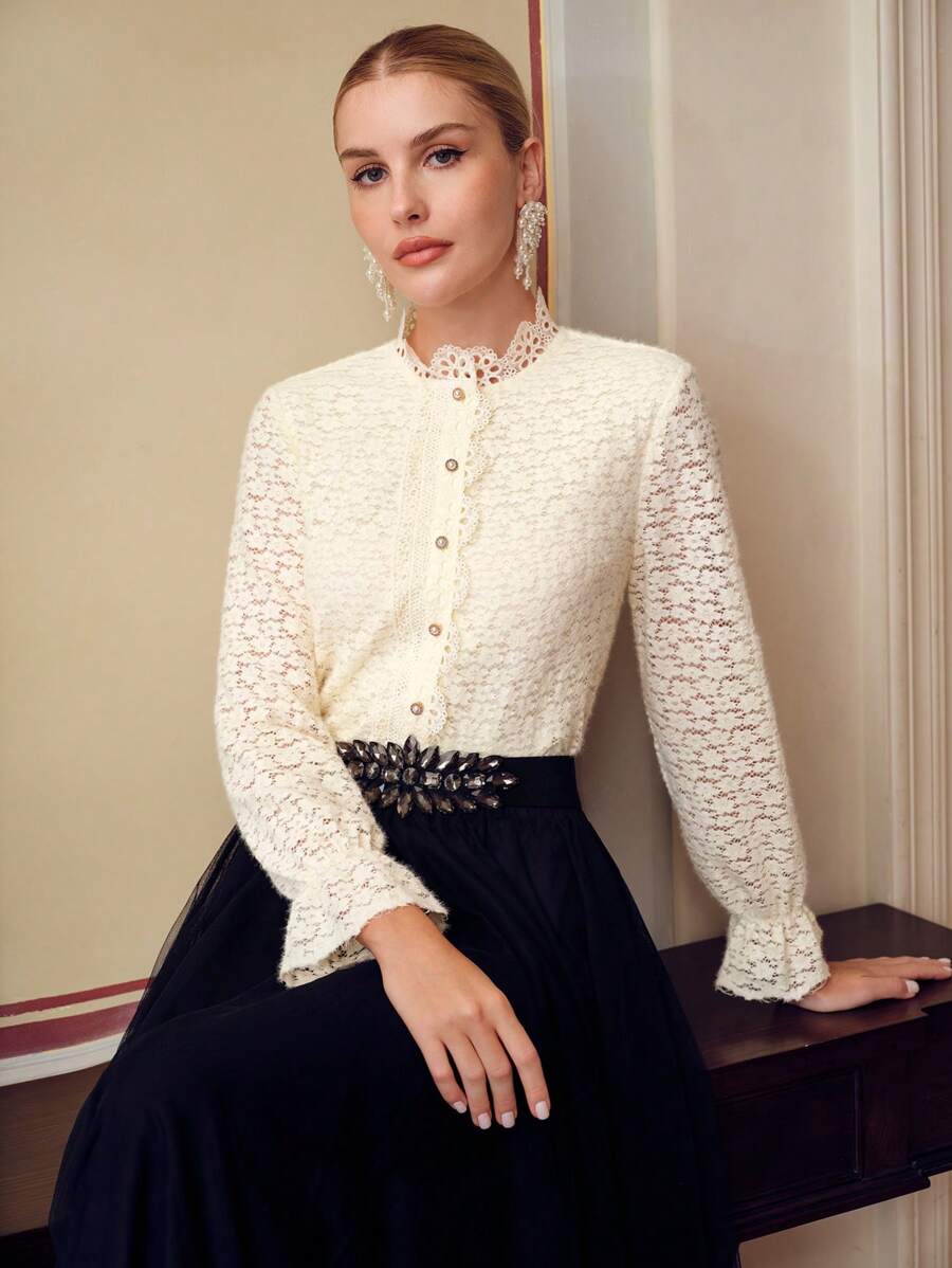 ZEYLAH LACE MOCK NECK FLARE SLEEVE BLOUSE - Apricot - View 1