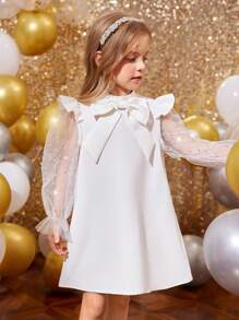 年轻女孩可爱盖袖闪亮网眼袖 3D 大蝴蝶结装饰 A 字裙，适合秋冬季，适合圣诞节、派对装、生日礼服、公主裙，白色 - 白色 - 查看 6