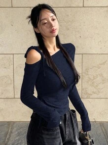 DAZY 1件装女士系带露肩T恤，藏蓝色，长袖，春秋季学院风上衣，秋季女装不对称肩部上衣可爱上衣 - 藏蓝色 - 查看 4