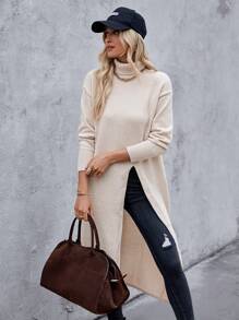 Chiquease Women High Neck Drop Shoulder Long Sleeve High Slit Loose Sweater, Autumn/Winter Knit Pullover Fall Outfit