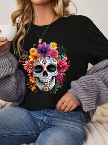 SHEIN LUNE Áo thun tay dài cổ tròn họa tiết đầu lâu và hoa Day Of The Dead dành cho nữ, phù hợp cho mùa thu - màu đen - Xem 4