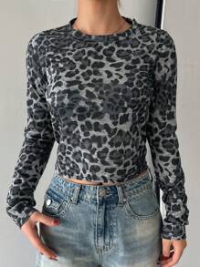 DAZY Women's Autumn Leopard Print Round Neck Fitted Long Sleeve Fashionable T-Shirt,Fall Women Clothes - Brown - View 5