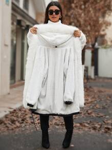 Calvaya 大码冬季服装蓬松拼接连帽长袖加厚棉服外套 - 黑色 - 查看 8