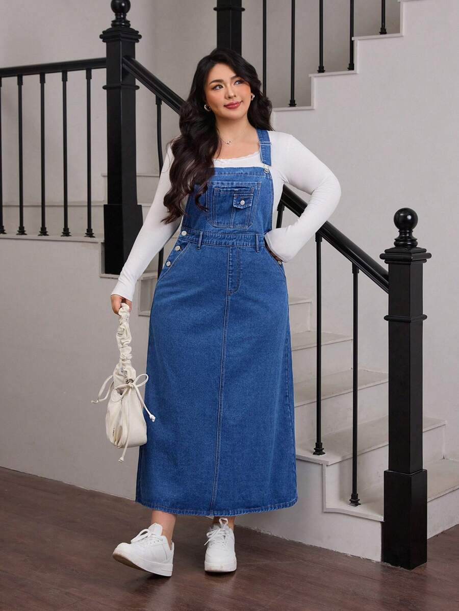 SHEIN EZwear Váy denim thường ngày cỡ lớn có dây đeo rộng và nhiều túi, thiết kế tối giản - Màu xanh lam - Xem 1