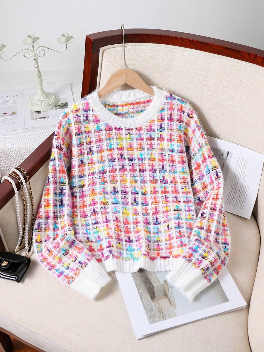 SHEIN Teen Girl Multi-Color Fancy Knit Sweater For Autumn/Winter, Fashionable & Vibrant, Suitable For Various Occasions Like Home, Outing And Hanging Out With Friends, Can Be Coordinated Diversely To Showcase An Iconic Look - White - View 1