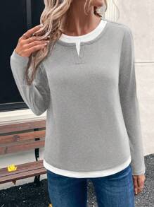 EMERY ROSE Women Contrast Color Trim Round Neck Casual Versatile Long Sleeve T-Shirt - Light Grey - View 3