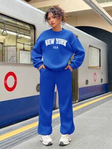 SHEIN Leap Crew 2pcs Teen Girl Knitted Solid Color Embroidered Letter Pattern Crew Neck Long Sleeve Sweatshirt And Sweatpants Set, Casual - Royal Blue - View 1