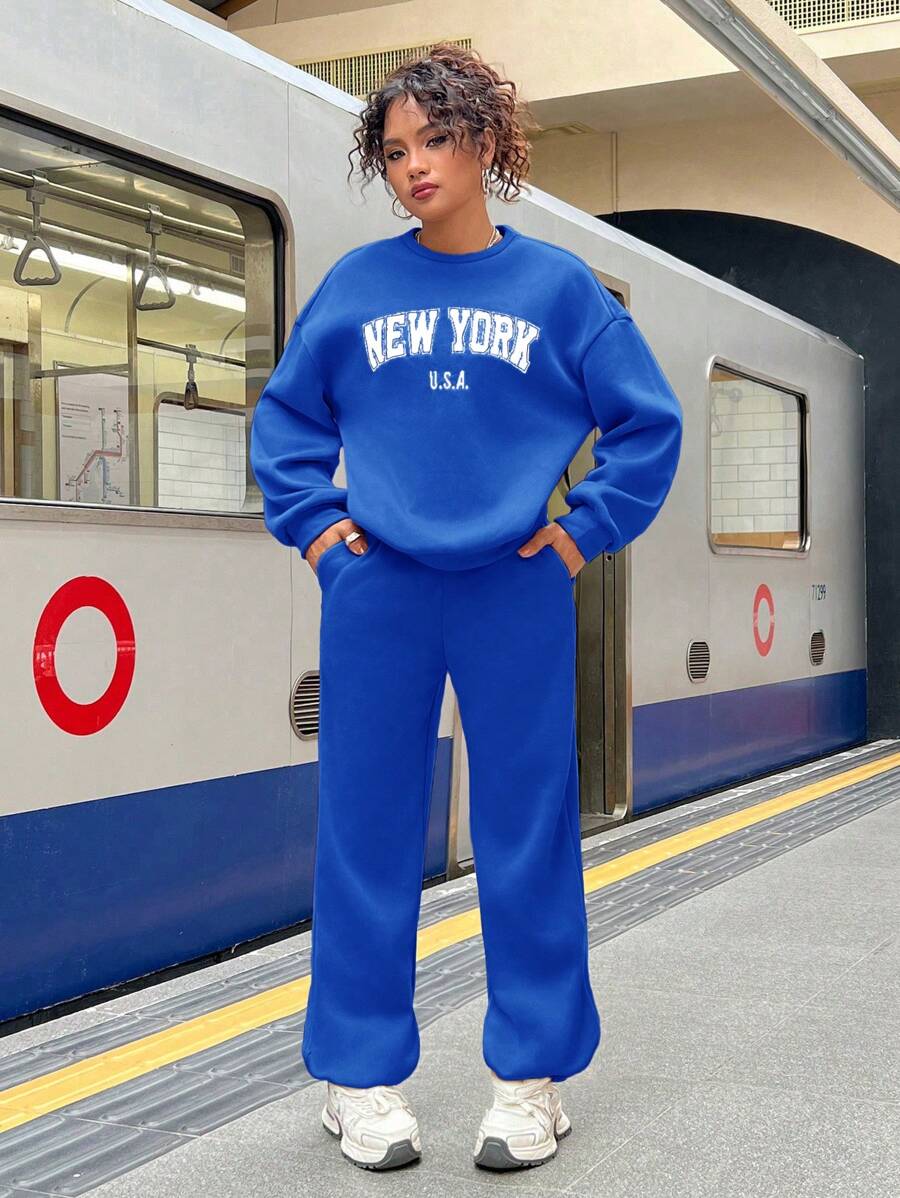 SHEIN Leap Crew 2pcs Teen Girl Knitted Solid Color Embroidered Letter Pattern Crew Neck Long Sleeve Sweatshirt And Sweatpants Set, Casual - Royal Blue - View 1