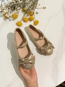 女童圆头蝴蝶结装饰平底鞋，适合秋冬季 - 金色 - 查看 5