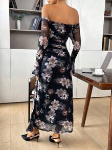 SHEIN Maternity Romantic Summer Beach Elegant Sexy Floral Off Shoulder Long Dress, Date Night Dress, Suitable For Daily, Commuting, Holiday - Black - View 7