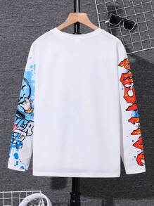 Camiseta de manga larga informal con estilo urbano para niño preadolescente, con diseño gráfico de oso y letras graffiti, adecuada para trayectos, escuela, uso diario casual, deportes, otoño e invierno