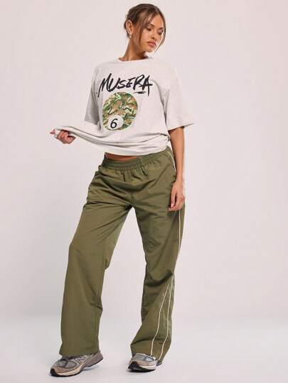 MUSERA 弹力腰带撞色滚边喇叭裤，适合机场休闲夏季可爱90年代Y2K秋季返校季假期穿着