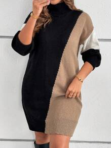 SHEIN LUNE Plus Size Women's Elegant High Neck Color Block Loose Black Pullover Sweater Dress Autumn Warm Casual Holiday Outfits