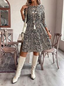 EMERY ROSE 女士豹纹圆领 3/4 袖荷叶边下摆休闲中长连衣裙 - 彩色 - 查看 7