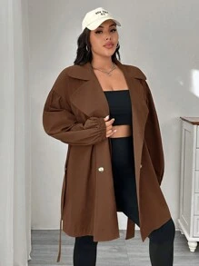 CovetEZ Plus Size Vintage Plus Size Wide Lapel Trench Coat For Early Autumn - Chocolate Brown - View 6