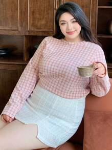 Dazy Plus Plaid Crew Neck Figure Flattering Long Sleeve T-Shirt, Casual Everyday Wear, Spring/Summer - Pink - View 4