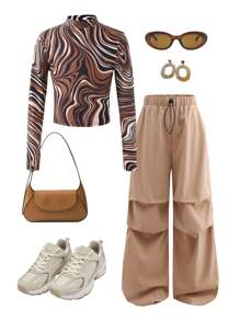 SHEIN Tween Girls 高领全身大理石印花长袖 T 恤和米色折扣工作服锥形裤两件套，休闲街头风格，适合秋季 - 棕色 - 查看 2