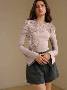 Anewsta 女士休闲 3D 花卉刺绣 T 恤，秋冬 - 咖啡棕 - 查看 3